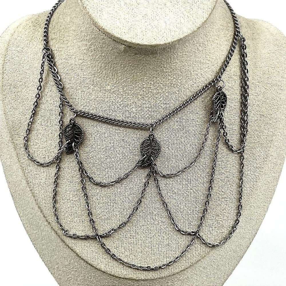Vintage Antique Silver Tone Multi Strand Draped Chain Leaf Festoon Necklace Boho